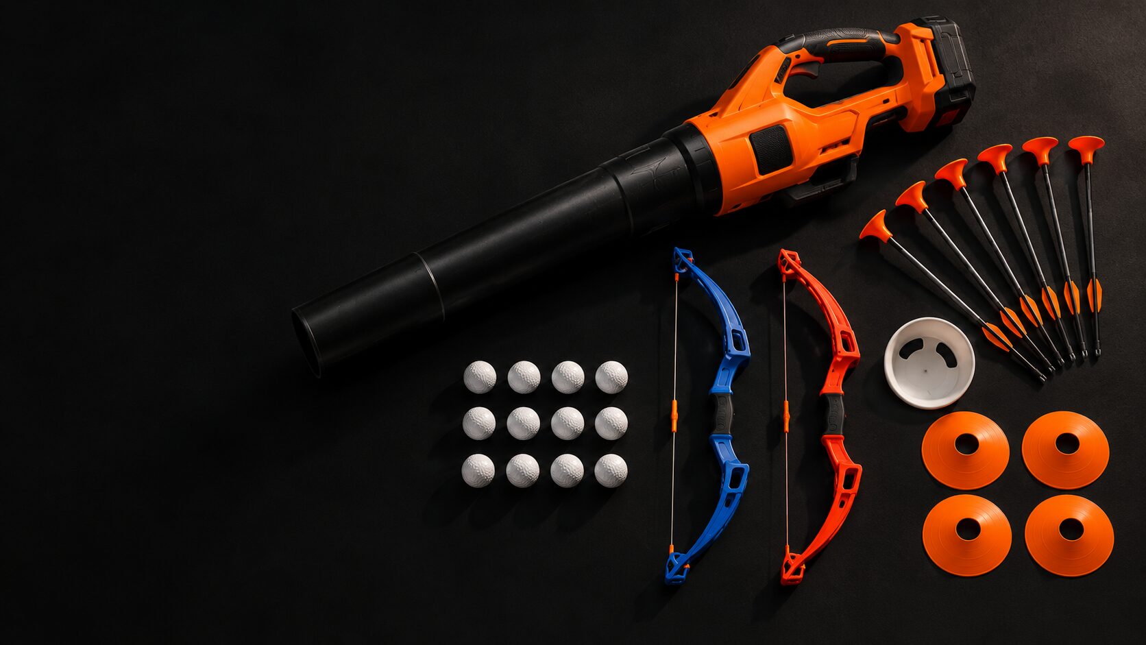 Blow Ball equipment laid out on a black surface