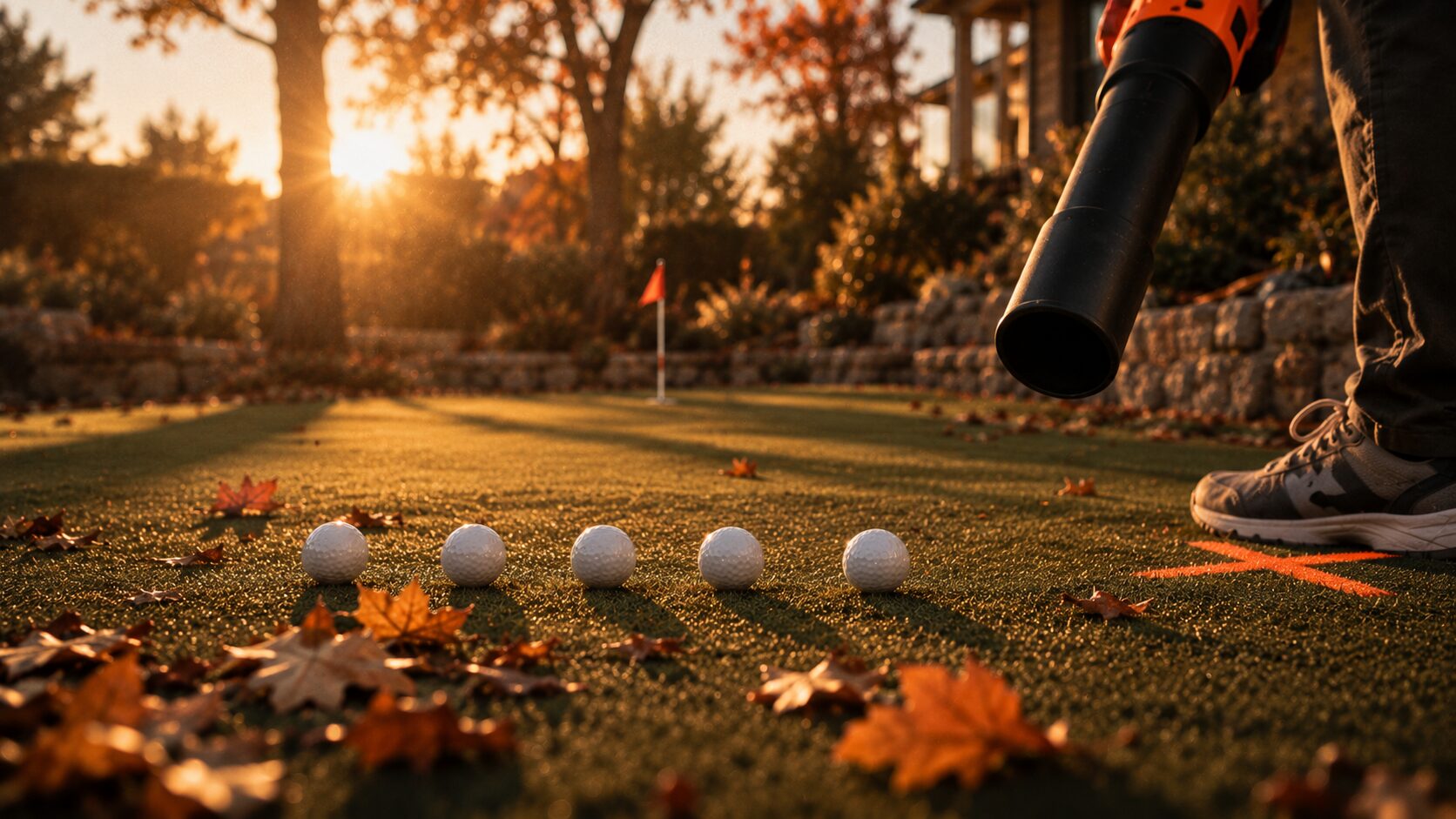 Five golf balls lined up on a putting green