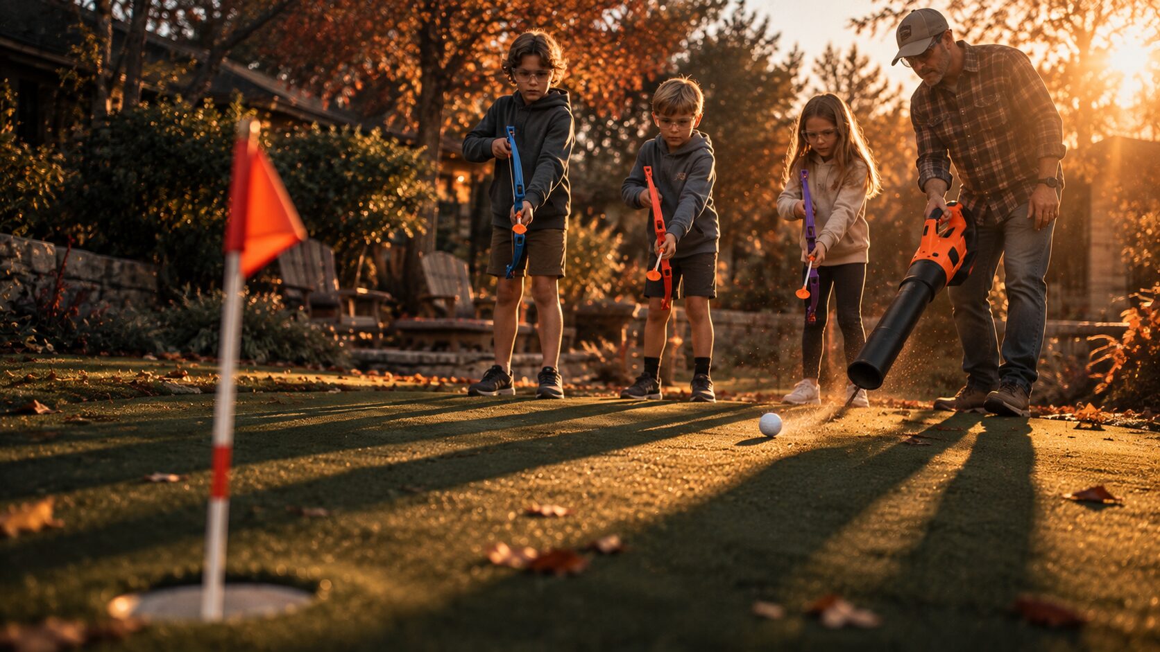 Kids with toy bows at the edge of a putting green