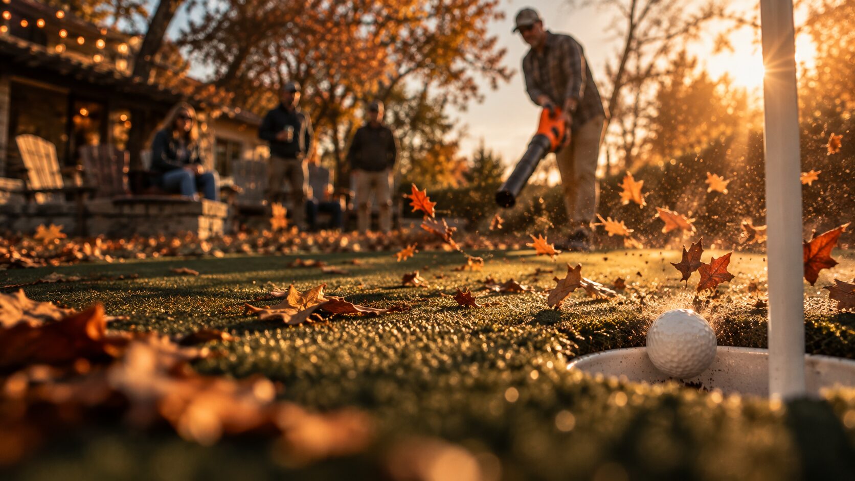 A golf ball dropping into the cup as friends look on