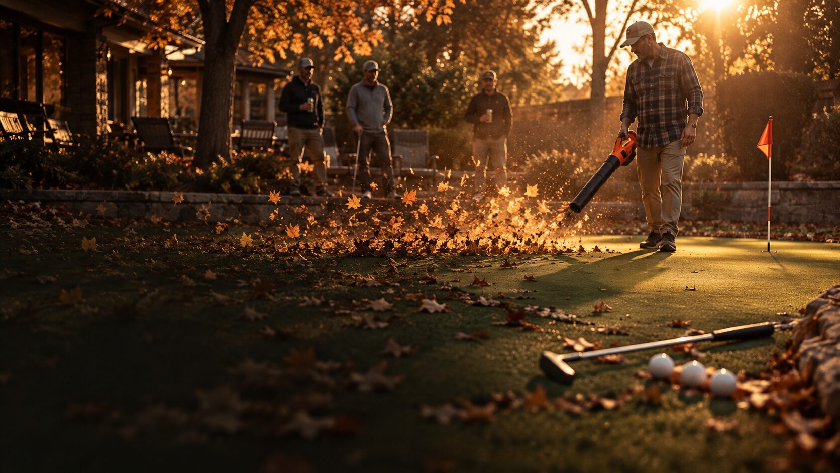 A man clears leaves off a backyard putting green with a leaf blower