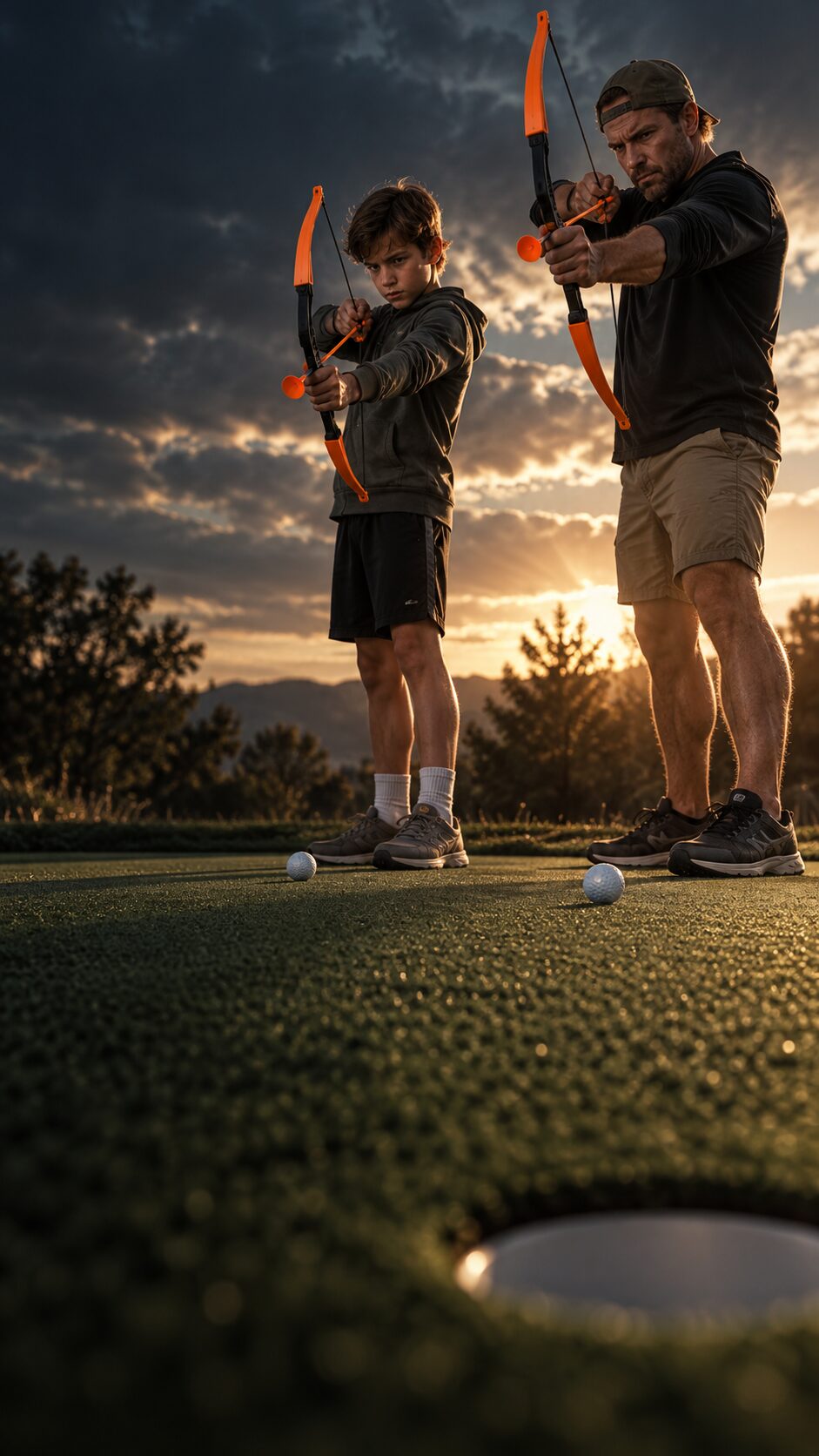 Two Snipes standing with toy bows aimed at golf balls